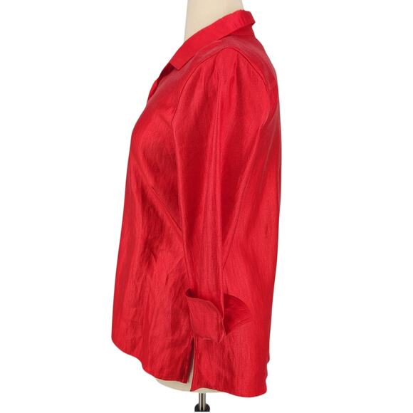 Multiples Red Shimmer Toggle Button Top 3/4 Sleeve Collar Turned Cuffs M - Picture 6 of 8